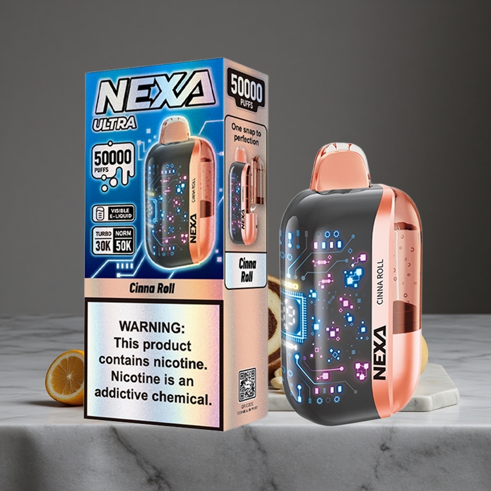 Kanēļa ruļļa NEXA Ultra 50000 Puffs 20ml Priekšējā ietilpība 800mah Akumulatora ietilpība