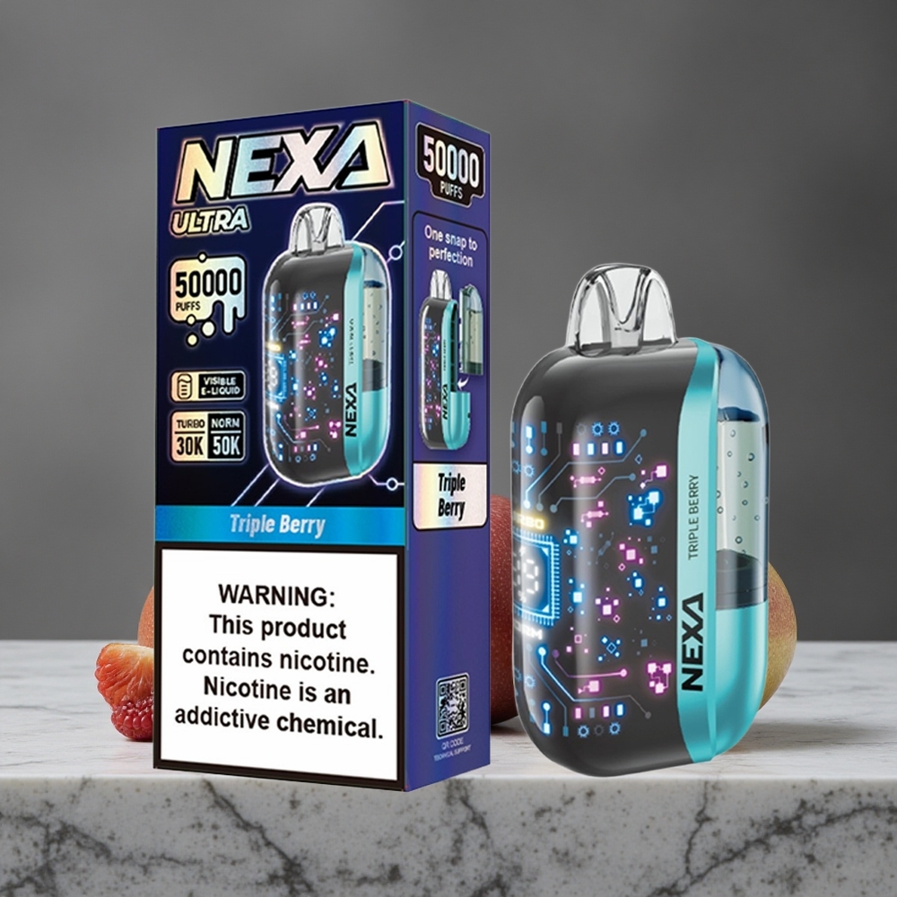 Trīsogu Kombinācija NEXA Ultra 50000 Puffs Vienreizlietojamais Vape 20ml Priekšā Uzlādēts 800mah Baterija
