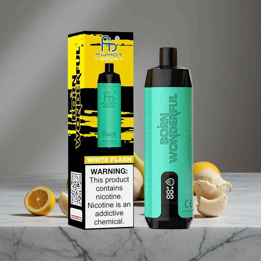 Baltā Zibsnība RandM Fumot Shisha 10000 Puffs Vienreizlietojamais Vape ar 18ml Priekšpildītu e-šķidrumu un 850 mAh Bateriju