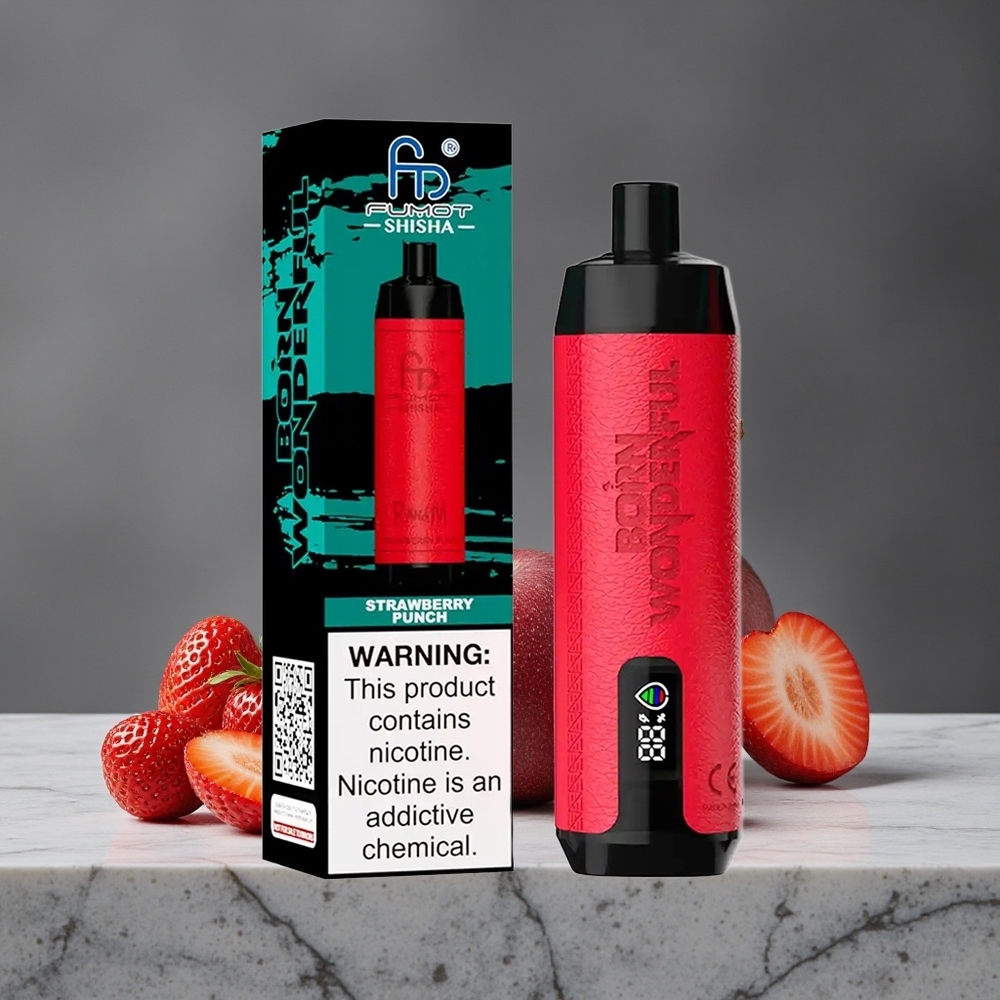 Zemeņu Pūšļu RandM Fumot Shisha 10000 Puffs Vienreizlietojamais Vape ar LED Indikatoru un 18ml iepriekš uzpildītu e-šķidrumu