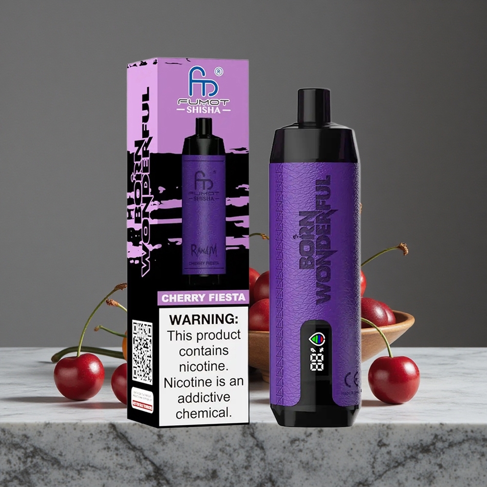 Ķiršu Fiesta RandM Fumot Shisha 10000 Iemūžinājumi ar 18ml iepriekš uzpildīta e-šķidruma un 850 mAh Akumulatoru