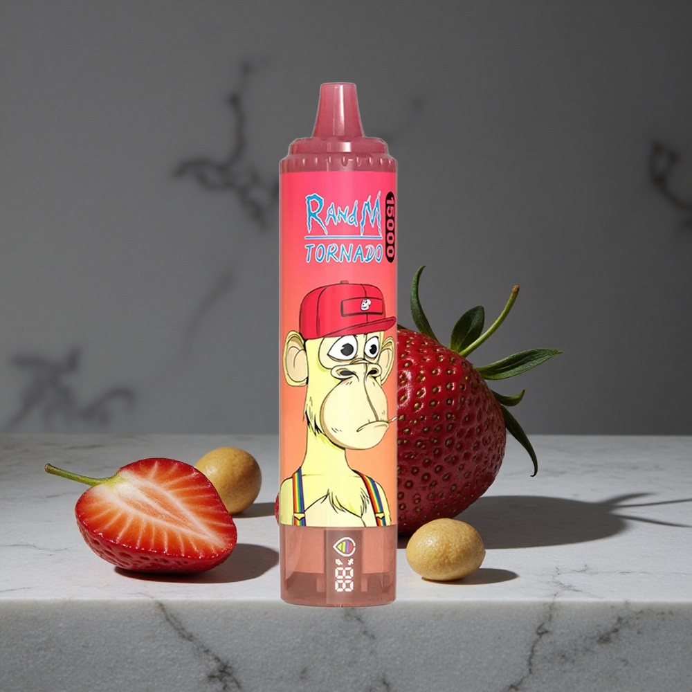 Zemeņu Sarkanā Vērsa RandM Fumot Tornado 15000 Puffs 25ml USB Type-C Uzlādējams LCD Displejs Vienreizlietojamais Vape