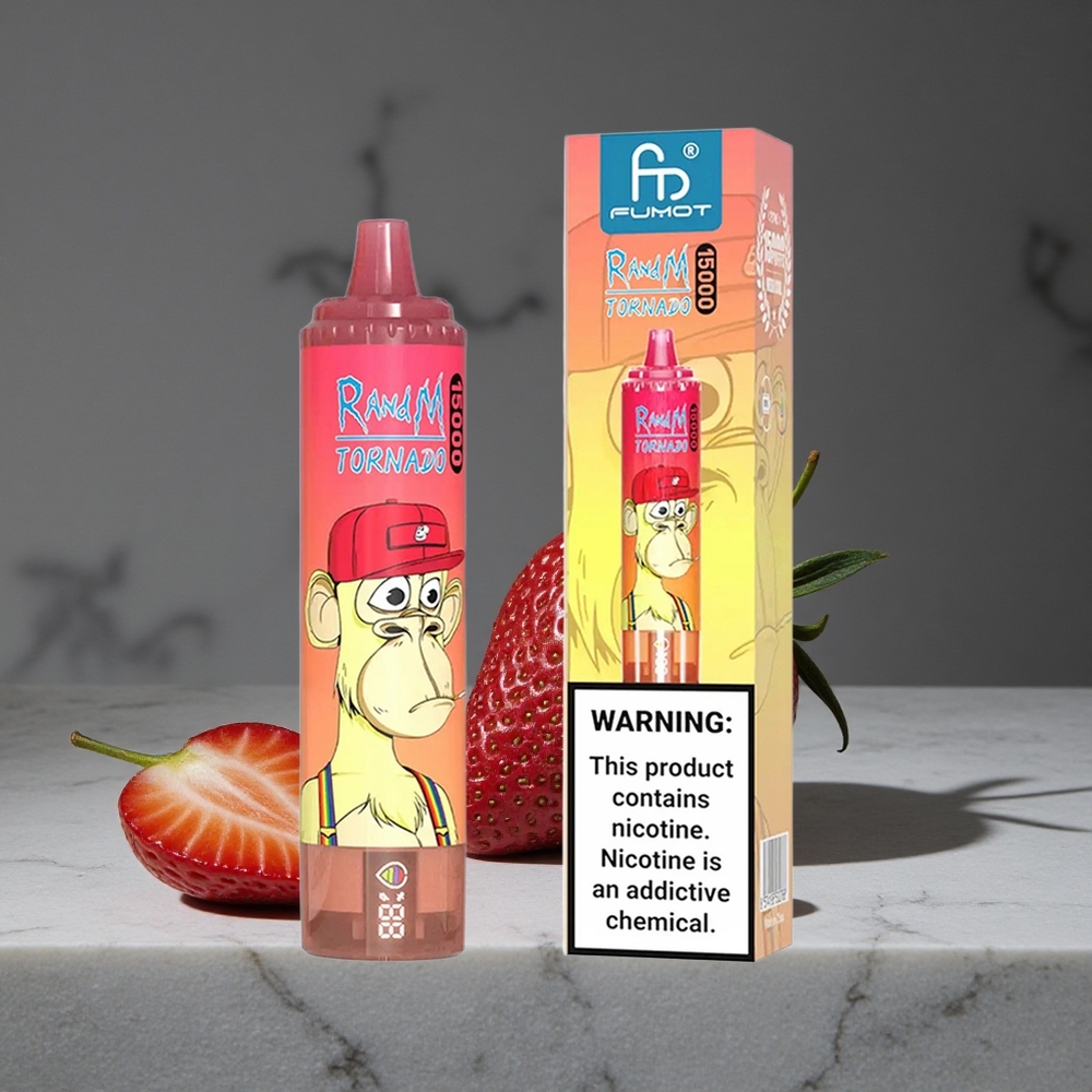 Zemeņu Sarkanā Vērsa RandM Fumot Tornado 15000 Puffs 25ml USB Type-C Uzlādējams LCD Displejs Vienreizlietojamais Vape