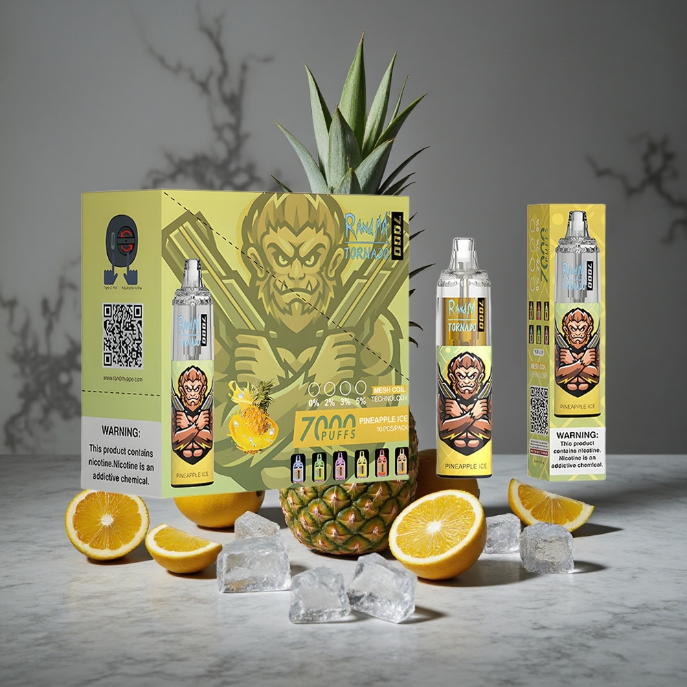 Ananāsu Ledus RandM Fumot Tornado 7000 Puffs 14 ML E-šķidrums RGB Gaisma