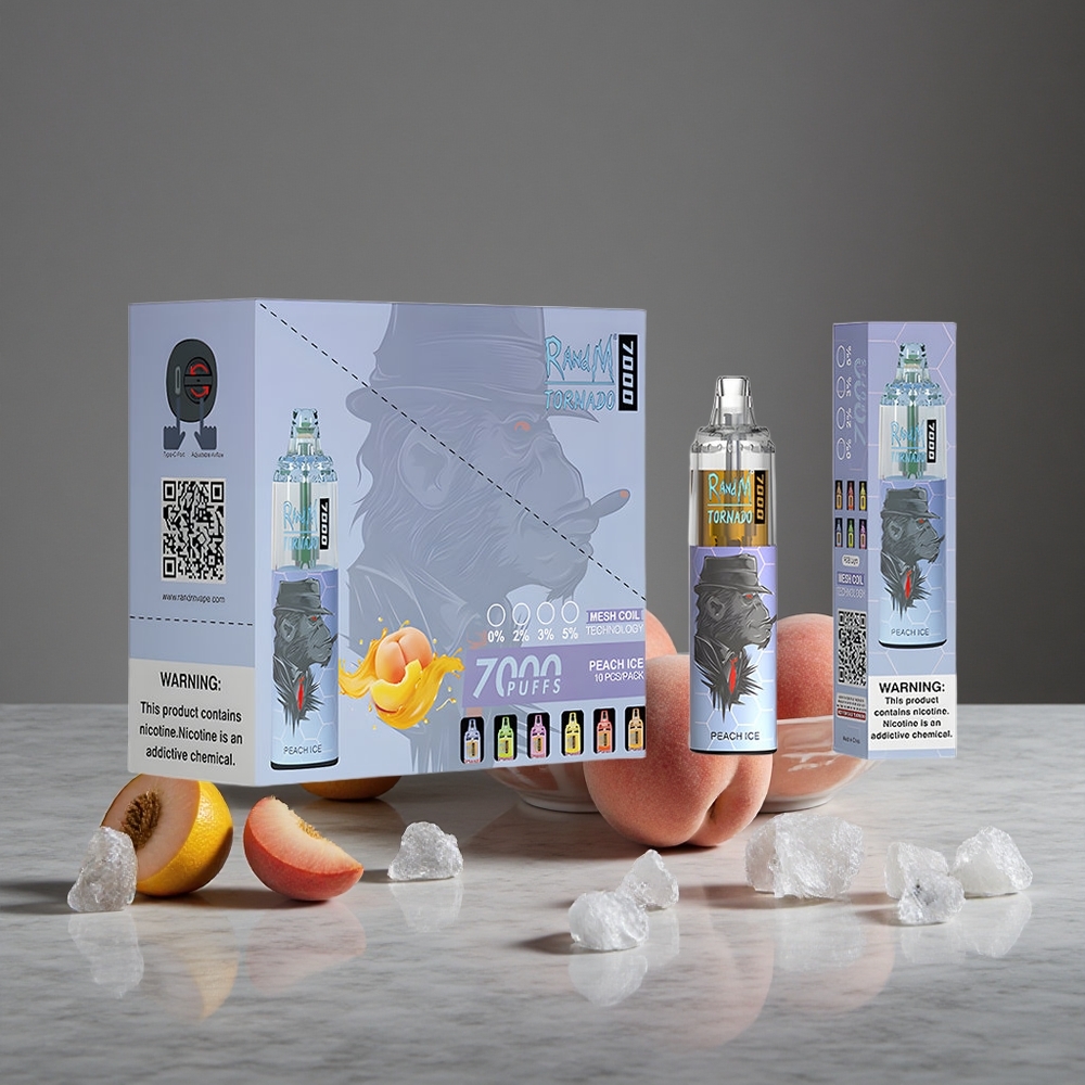 Persiku Ledus RandM Fumot Tornado 7000 Puffs 14 ML E-šķidrums RGB Gaisma