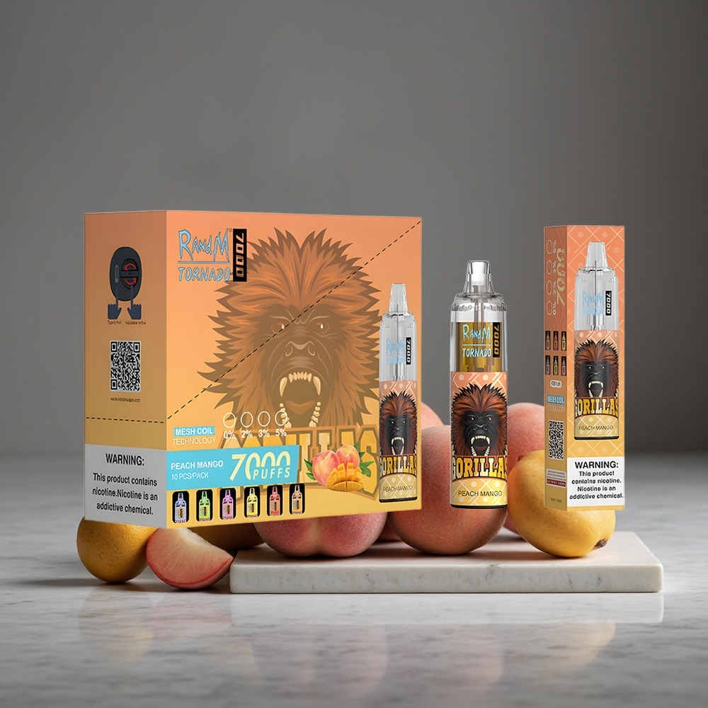 Persiku Mango RandM Fumot Tornado 7000 Puffs 14 ML E-liķīds Gaismas RGB