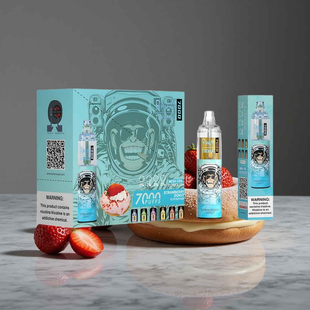 Zemeņu Donuts RandM Fumot Tornado 7000 Puffs 14 ML E-šķidrums RGB Gaisma