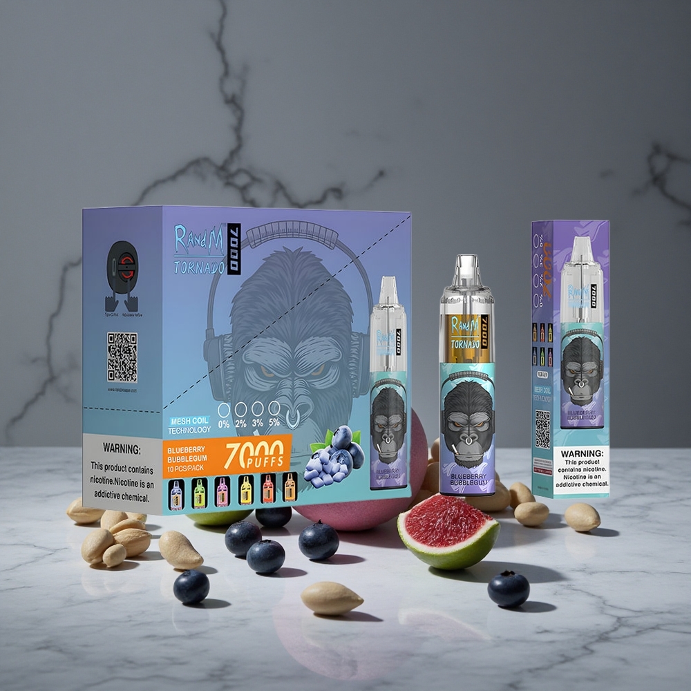 Zemenes burbuļgumā RandM Fumot Tornado 7000 Puffs 14 ML E-šķidrums RGB Gaisma