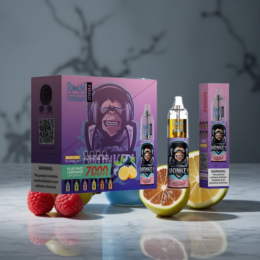 Zilā Aveņu Limonāde RandM Fumot Tornado 7000 Puffs 14 ML E-šķidrs RGB Gaisma