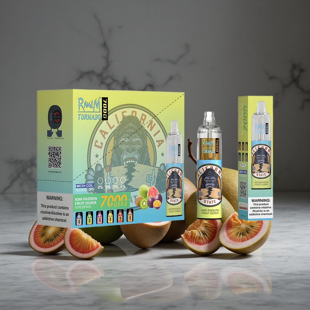 Ķīvi-Marakuja-Guava RandM Fumot Tornado 7000 Puffs 14 ML E-šķidrums RGB Gaisma