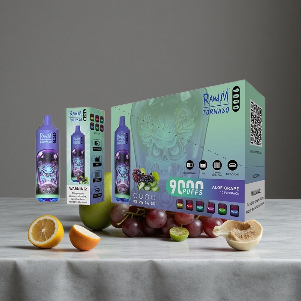 Alvejas Vīnogu RandM Tornado 9000 Puffs 18 mL Tilpums un 850 mAh Uzlādējama Baterija