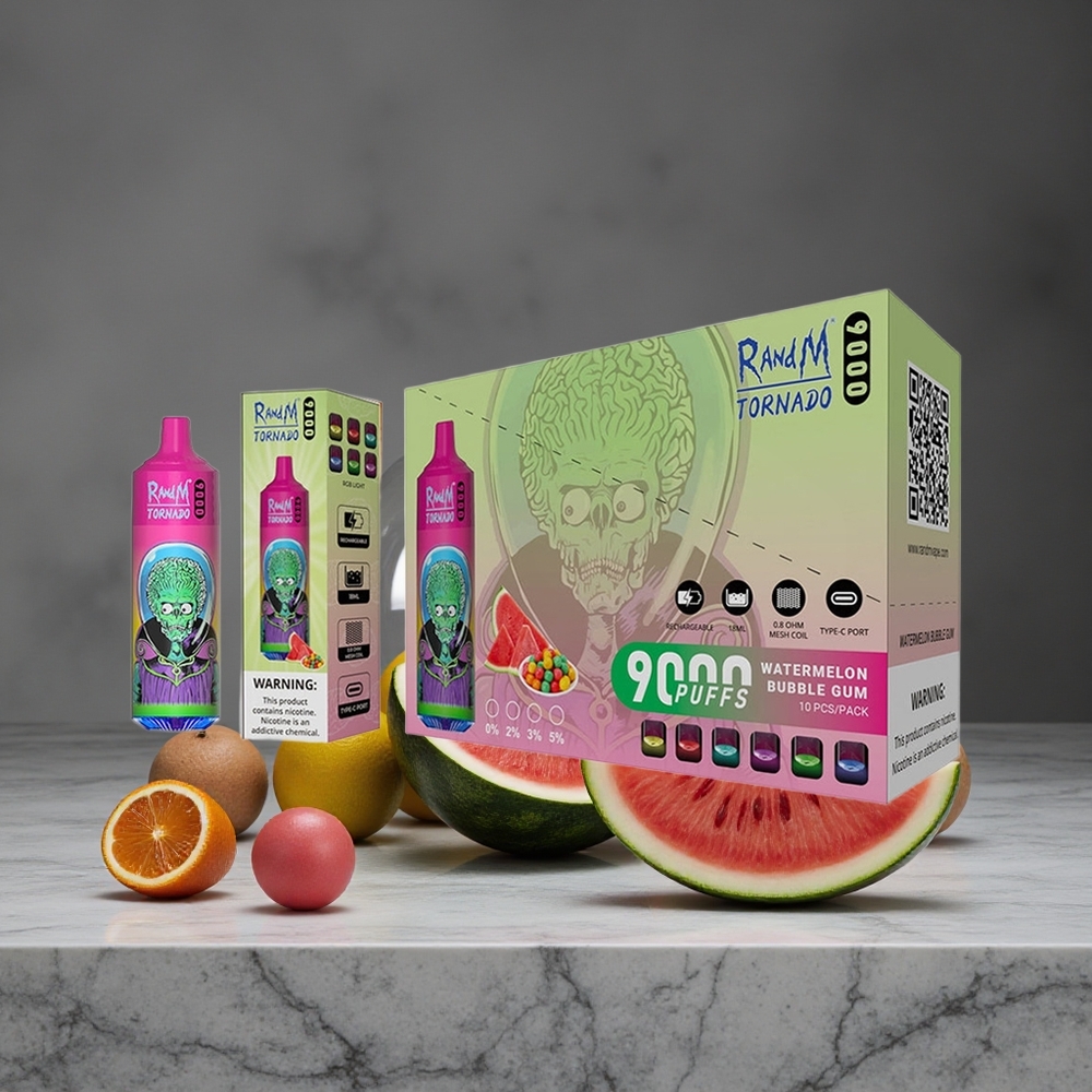 Arbūzu Košļājamo Gumijas RandM Tornado 9000 Pūfu ar 850 mAh Uzlādējamo Akumulatoru un 18 mL E-Šķidruma Ietilpību