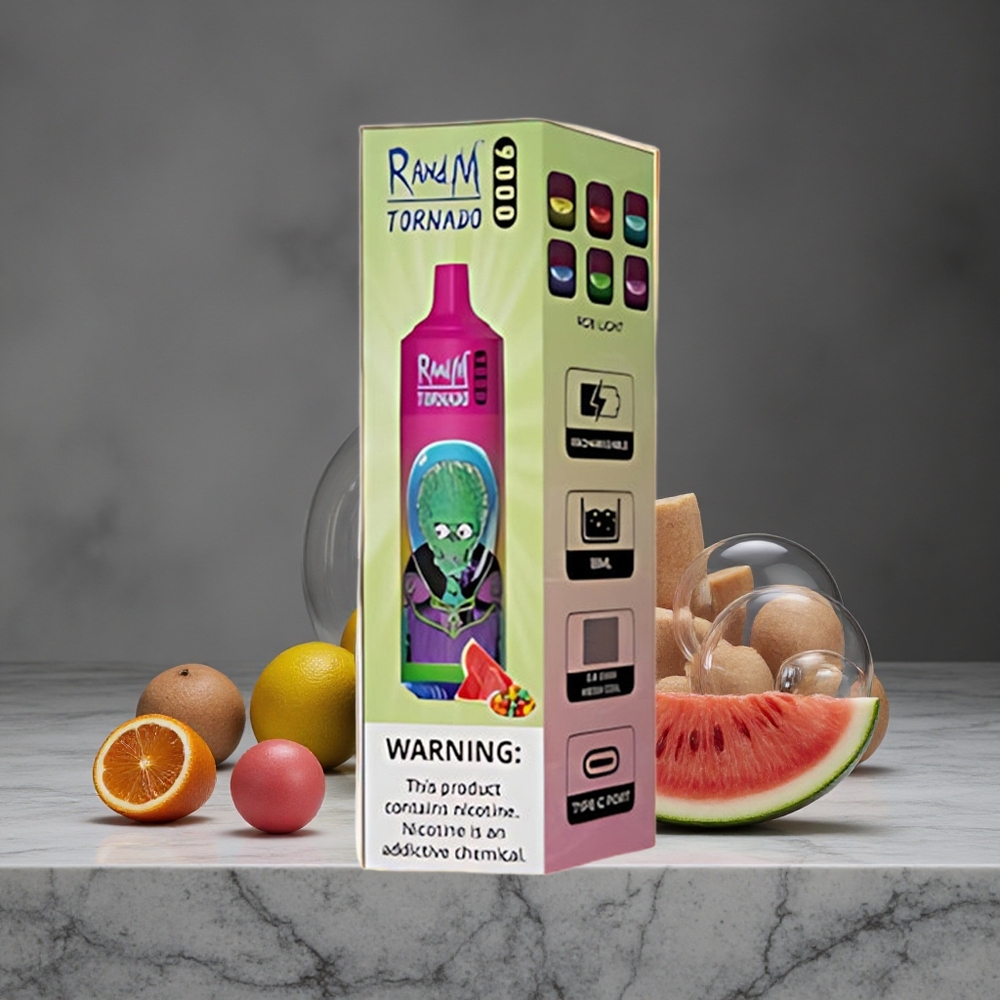 Arbūzu Košļājamo Gumijas RandM Tornado 9000 Pūfu ar 850 mAh Uzlādējamo Akumulatoru un 18 mL E-Šķidruma Ietilpību