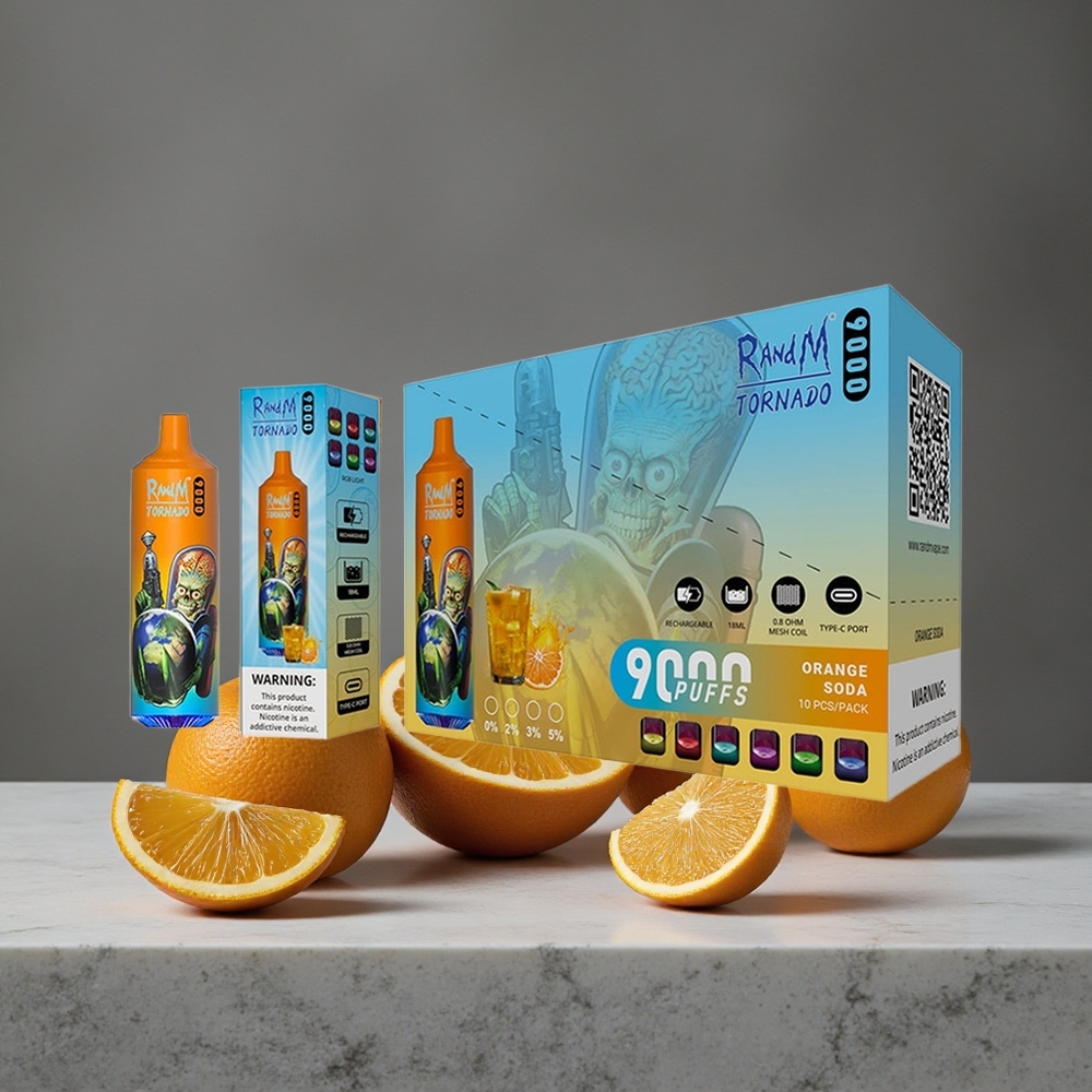 Oranžā Gazēta RandM Tornado 9000 Puffs 18 mL Tilpums 850 mAh Akumulators
