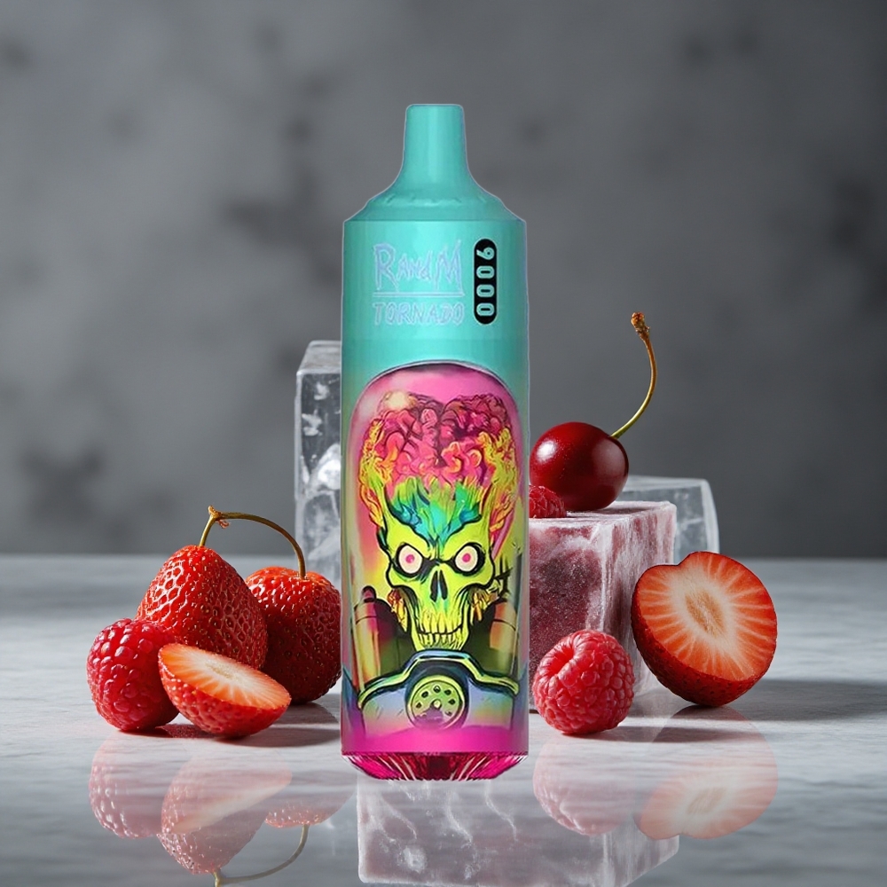 Zemeņu Aveņu Ķiršu Ledus RandM Fumot Tornado 9000 Puffs 18 mL E-šķidrums 850 mAh Uzlādējama
