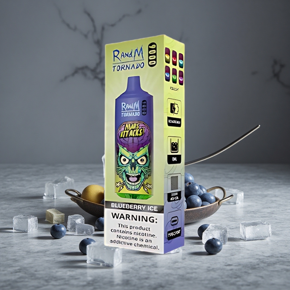 Zemenes Ledus RandM Tornado 9000 Ievelkamie Pūši 850 mAh Uzlādējama Baterija 18 mL E-šķidrums