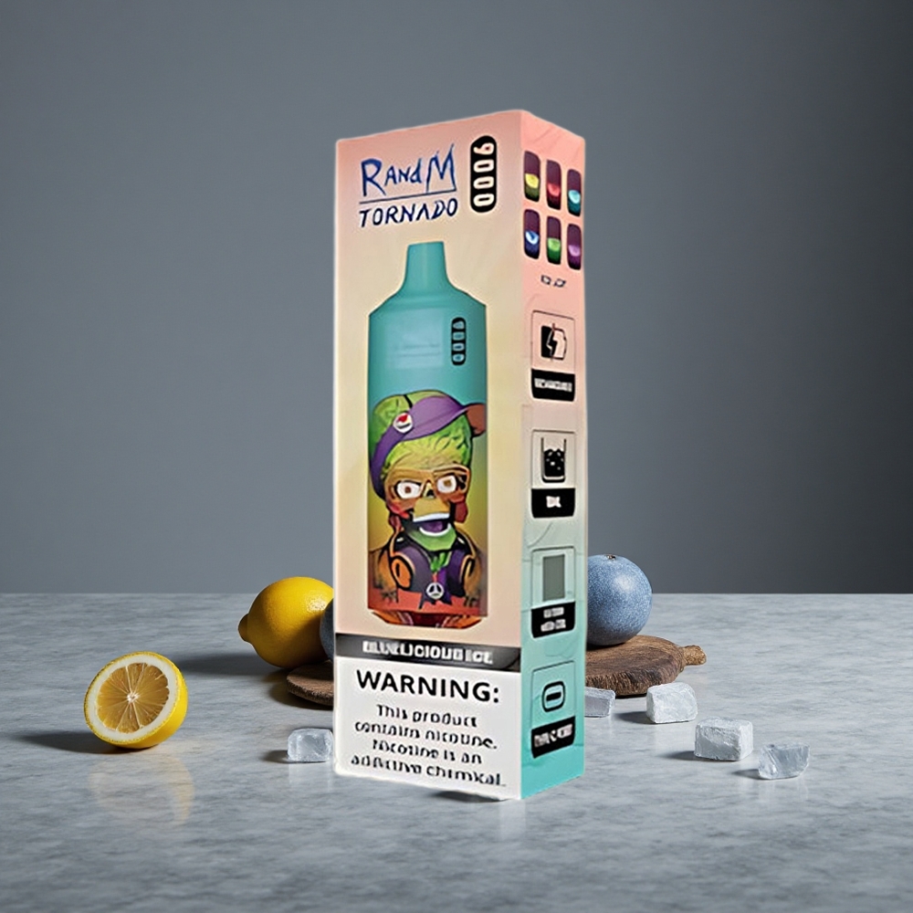 Zilā Ledus RandM Tornado 9000 Puffs 18 mL RGB Displejs