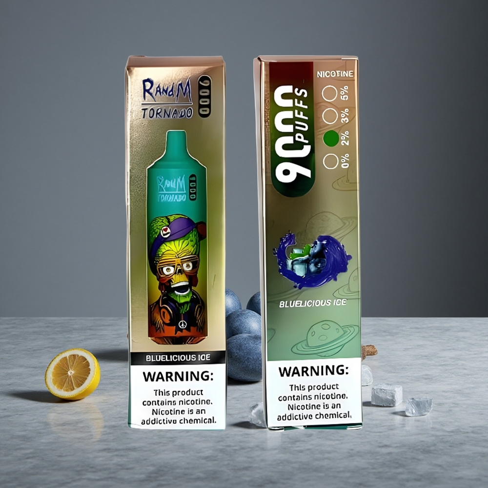 Zilā Ledus RandM Tornado 9000 Puffs 18 mL RGB Displejs