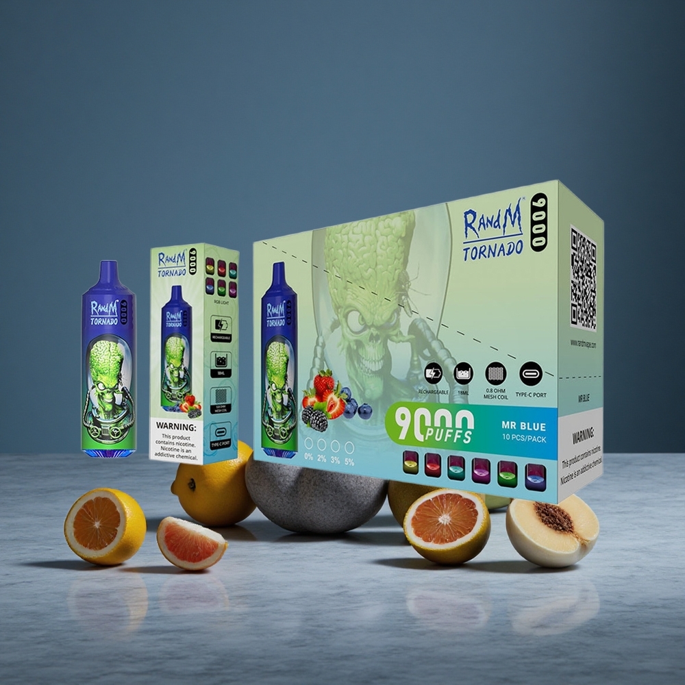 Zilais RandM Fumot Tornado 9000 Puffs 18 mL Tilpums 850 mAh Uzlādējams