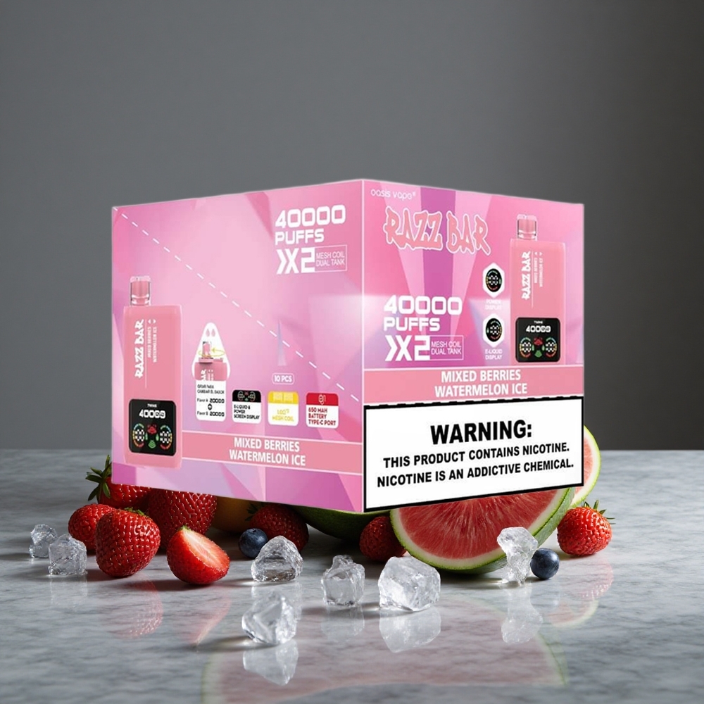 Jauktu ogu-Arbūza ledus Razz Bar Vienreizlietojamais Vape 40000 Puffs 1.0Ohm 2 Sietas spole 650 Mah Akumulators Type-C Port