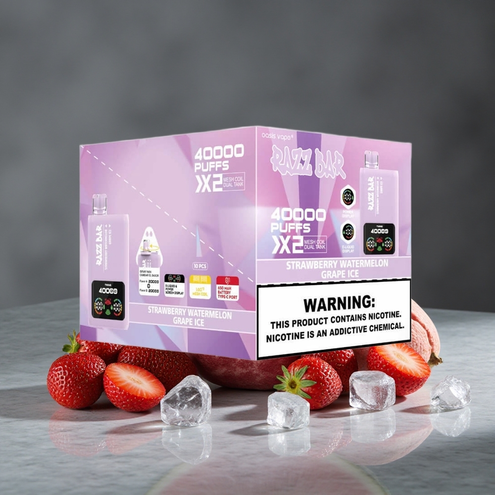 Zemeņu Arbūzs_Vīnogu Ledus Razz Bar Disposable 40000 Puffs 1.0 Ohm 2 Tīkla Spole 650 Mah Battery Type-C Port 2%,5% Nikotīna Saturs