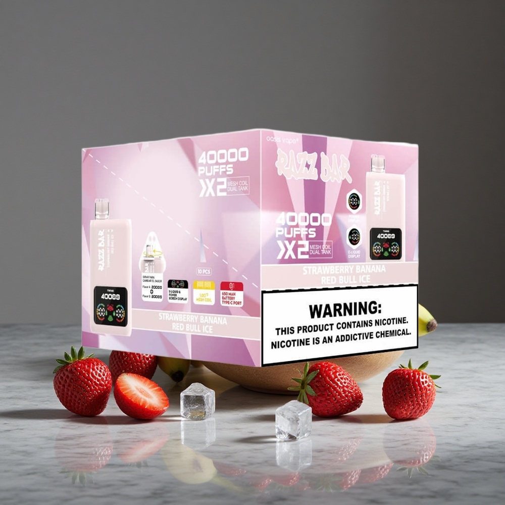 Zemeņu-Banānu Razz Bar Disposable 40000 Piepildījumi 1.0Ohm 2 Mesh Coil un 650 Mah Battery Type-C Port