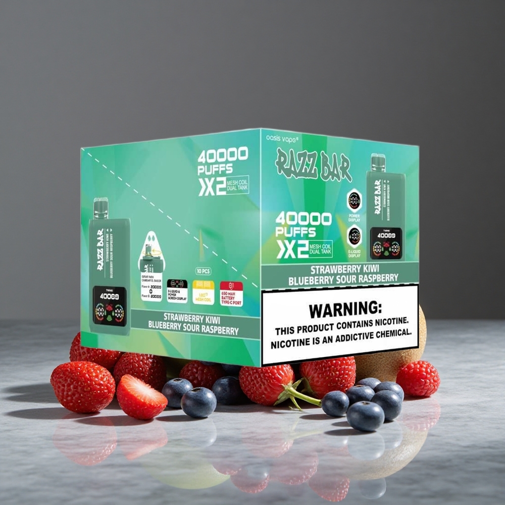 Zemeņu-Kivi & Zilā Jāņoga Skābā Aveņu Razz Bar Vienreizlietojamais Vape 40000 Puffs ar Ekrānu un 1.0Ohm 2 Siets Spole