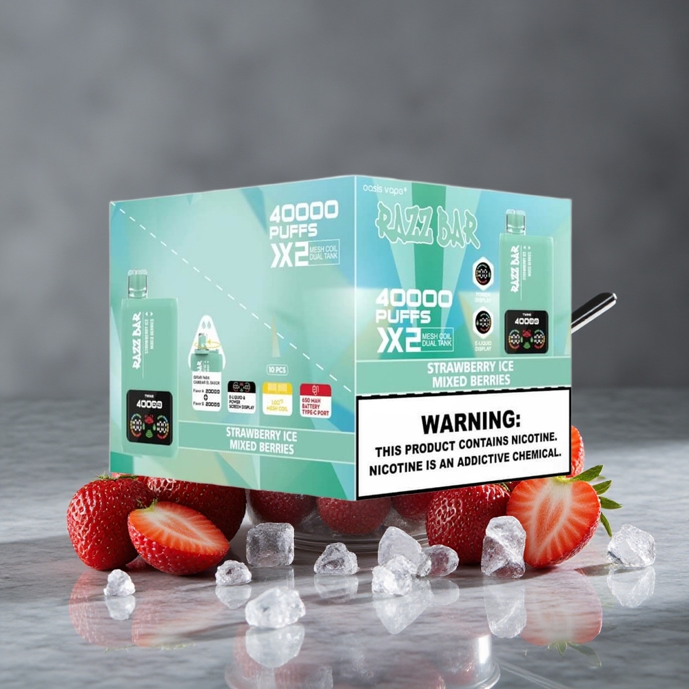 Zemeņu Ledus_Jauktās Ogles Razz Bar Disposable 40000 Puffs 1.0Ohm 2 Mesh Spole 650mAh Battery Type-C Port