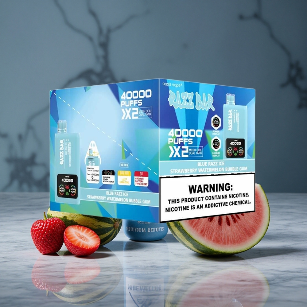 Zilā Aveņu Ledus-Ābolmeles Ūdensmelones Pūšķu gumija Razz Bar 40000 Pūšķi 1.0 Ohm 2 Režģa Spole 650 Mah Akumulators Type-C Port