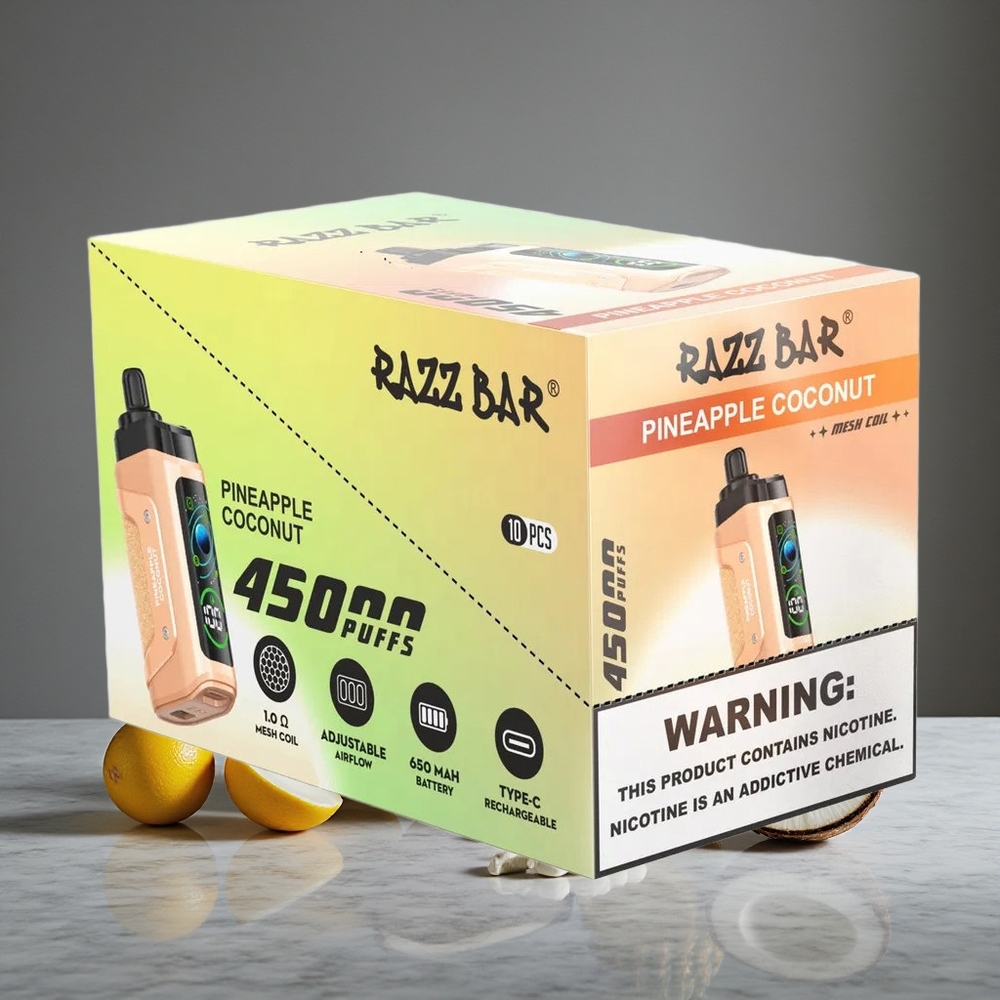 Ananāsu Kokosa Razz Bar Vienreizlietojamais Vape 45000 Pūši 1.0 Ohm Mesh Spole