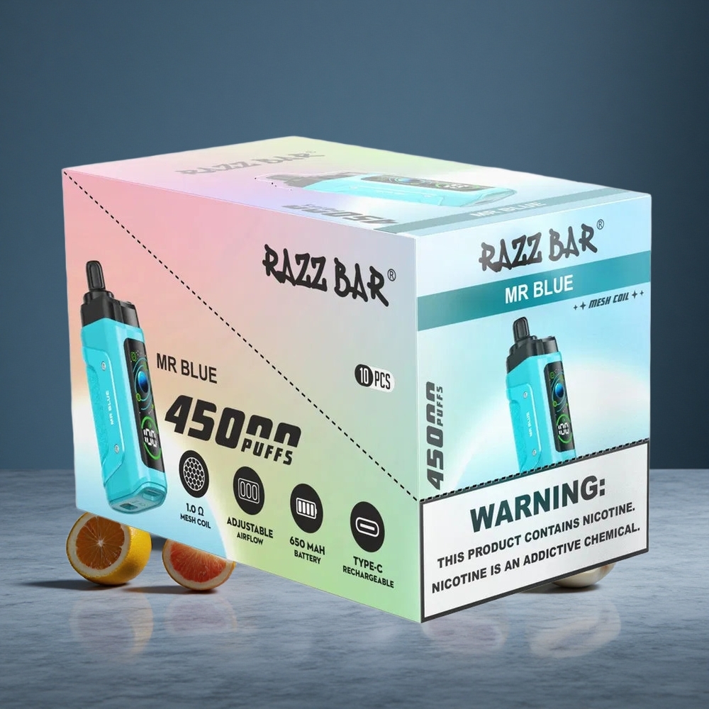 Zilais Razz Bar Vienreizlietojamais Vape 45000 Puffu 1.0 Ohm Mesh Coil