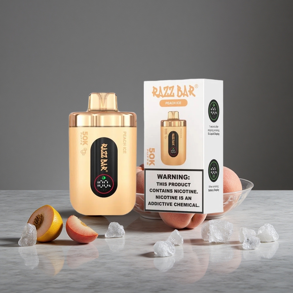 Persiku Ledus Razz Bar Vienreizlietojamais Vape 50K Puffu 1.0 Ohm Tīkla Spole