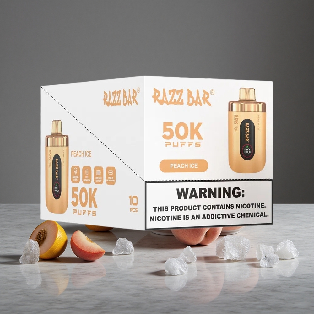 Persiku Ledus Razz Bar Vienreizlietojamais Vape 50K Puffu 1.0 Ohm Tīkla Spole