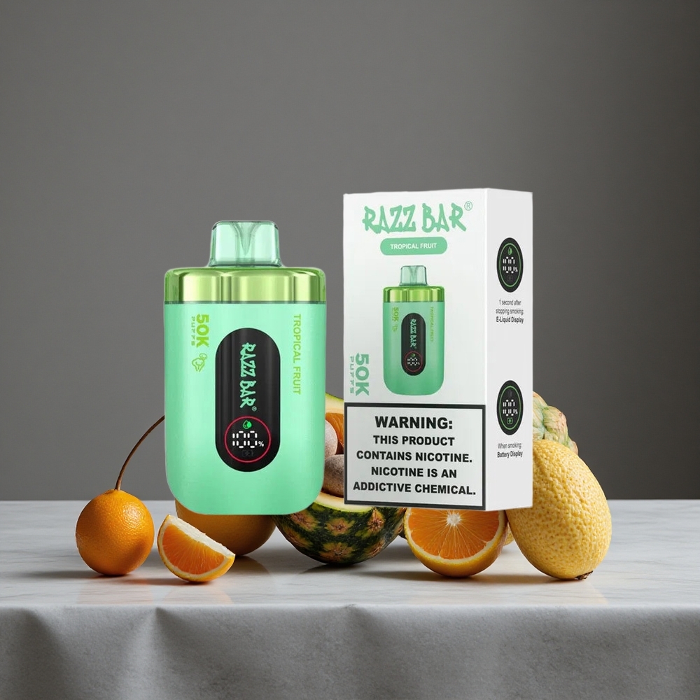 Tropiskie Augļi Razz Bar 50K Ieelpas Vienreizlietojamais Vape ar 1.0 Ohm Mesh Spoli un 2% Nikotīna Saturs