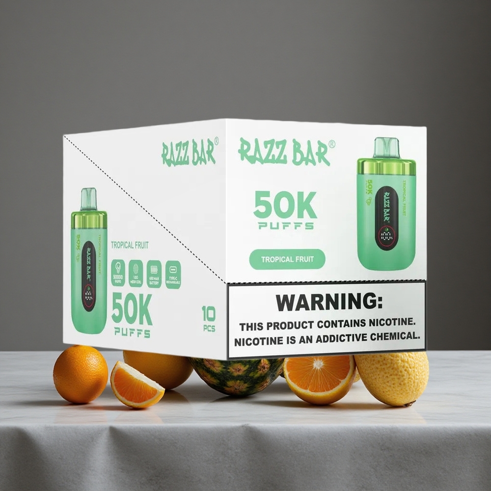 Tropiskie Augļi Razz Bar 50K Ieelpas Vienreizlietojamais Vape ar 1.0 Ohm Mesh Spoli un 2% Nikotīna Saturs