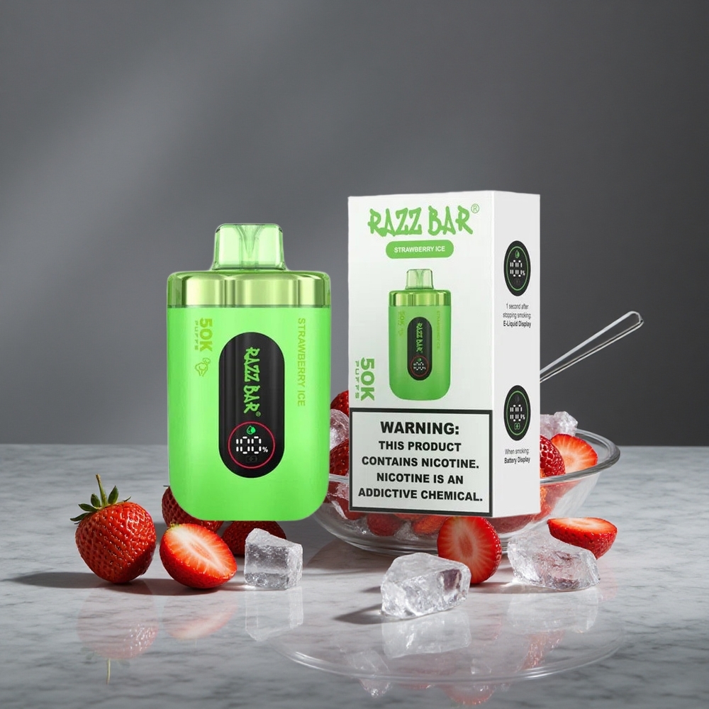 Zemeņu Ledus Razz Bar Vienreizlietojamais Vape 50000 Ievilkumi 1.0 Ohm Mesh Spole
