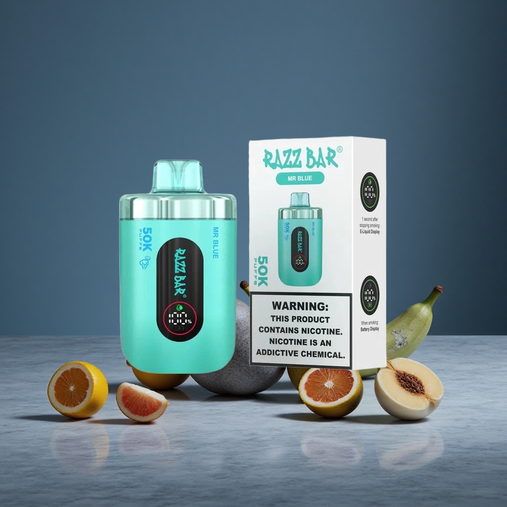 Zilais Razz Bar 50K Puffs Izmēģinājuma Vape ar 1.0 Ohm Mesh Spole un 2% Nikotīna Saturs