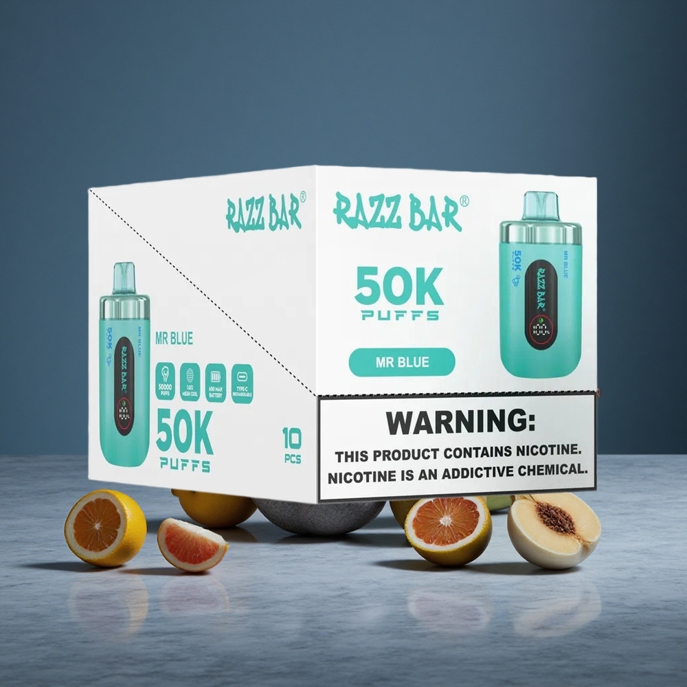 Zilais Razz Bar 50K Puffs Izmēģinājuma Vape ar 1.0 Ohm Mesh Spole un 2% Nikotīna Saturs