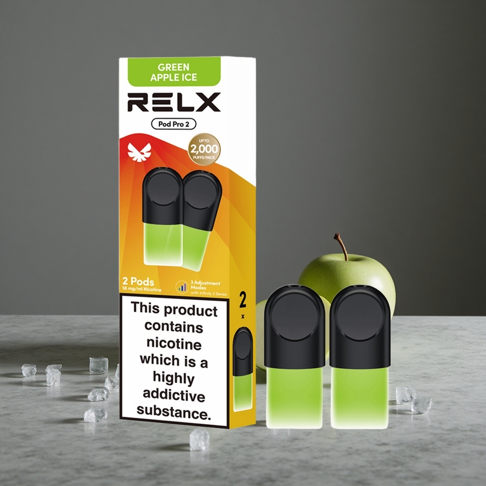 Zaļā Ābolu Ledus Relx Pod Pro 2 Nikotīns:1,8% Iemalkojums:600 Iemalkojumi Tilpums:1,9ml